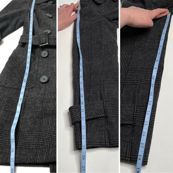 𝅺RICKI’S Grey Plaid Military Style Belted Wool Blend Thick Peacoat Trench Coat - Picture 16 of 16